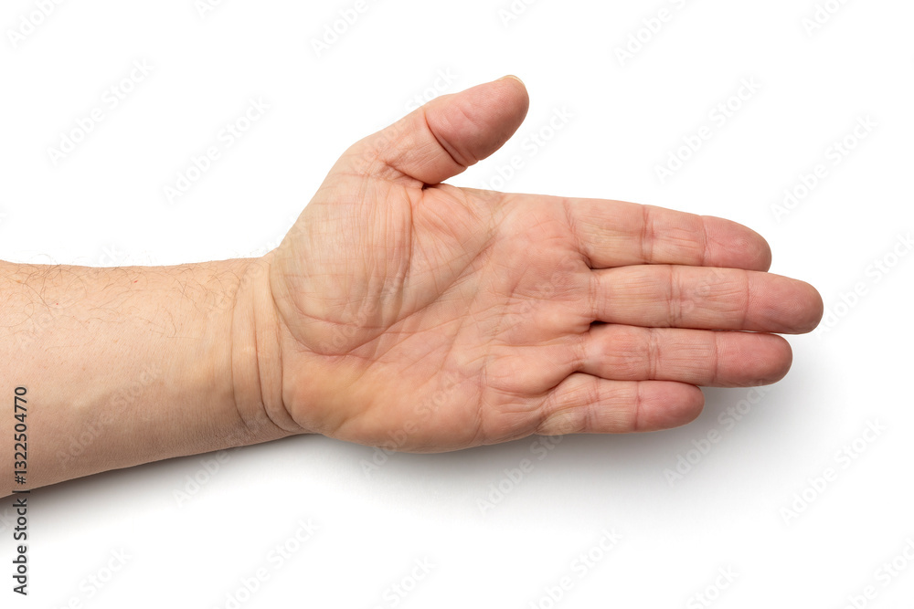Open Male Hand Reaching with Palm View, Isolated on White Background Open Male Hand Reaching with Palm View, Isolated on White Background