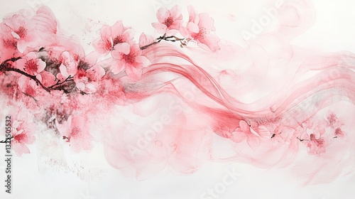 Sumi-e Painting of Cherry Blossoms Swirling in the Wind