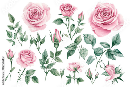Watercolor pink roses clipart set, with green leaves and buds on a white background