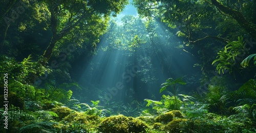 In a close-up, thick fog cloaks a dark mystic laurel forest where lush ferns and green moss adorn the tree trunks, creating an old, dense, mesmerizing woodland