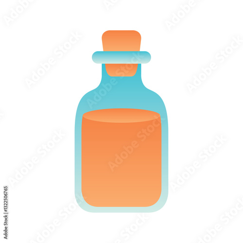 Colorful vector illustration of a glass potion bottle with orange liquid and blue stopper in flat design style
