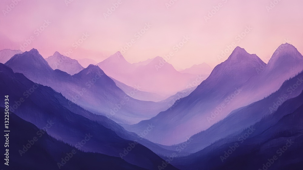 Fototapeta premium Mountainous Landscape with Gradient Colors at Dusk with Deep Purple Peaks and Soft Pink Valleys