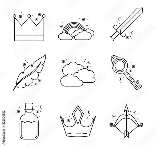 Set of fantasy vector icons with white background