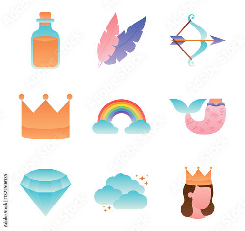 Set of fantasy vector icons with white background