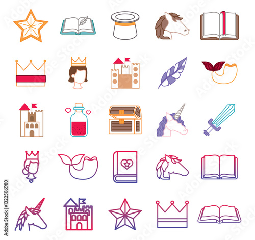 Set of fantasy vector icons with white background