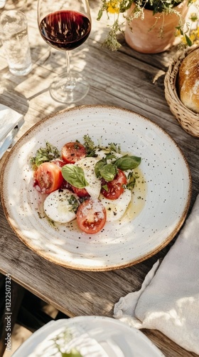 Enjoying a delightful Caprese salad with fresh tomatoes and mozzarella on a cozy wooden table setting