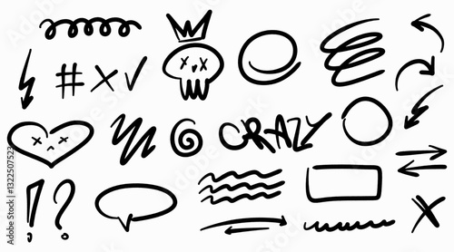 Hand drawn graffiti doodles. Includes scribble, arrows, skull, heart, symbols, and expressive strokes. Perfect for street art, urban designs, posters.