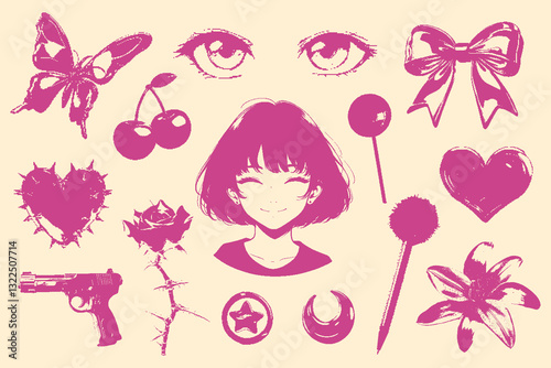 Y2K pixel elements with anime girl, cherries, hearts, gothic elements and retro aesthetic. Perfect for nostalgic, cybercore, vaporwave designs, posters, stickers, alternative fashion, digital collage.