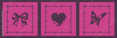 Edgy Y2K pixel art. Barbed wireframes with a bow, heart, and butterfly. Bold pink and black aesthetic, perfect for alternative fashion, digital collages, stickers, and rebellious designs.