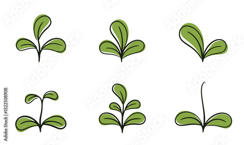 Plant sprout with rounded leaves set. Growing, seedling and planting design elements. Isolated vector images