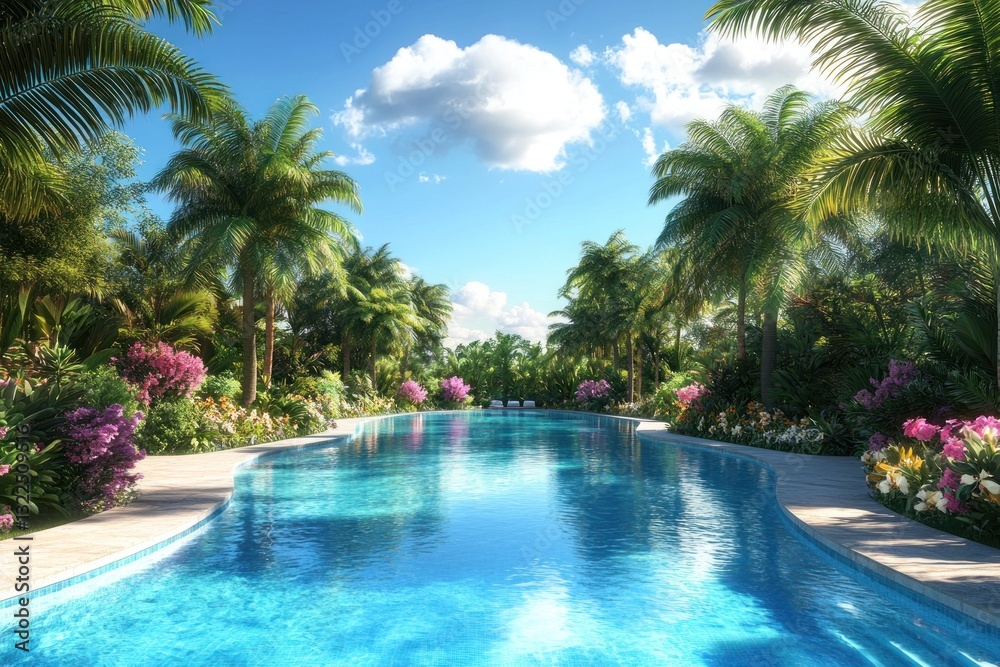 Fototapeta premium Serene tropical pool, lush landscaping, sunny day.