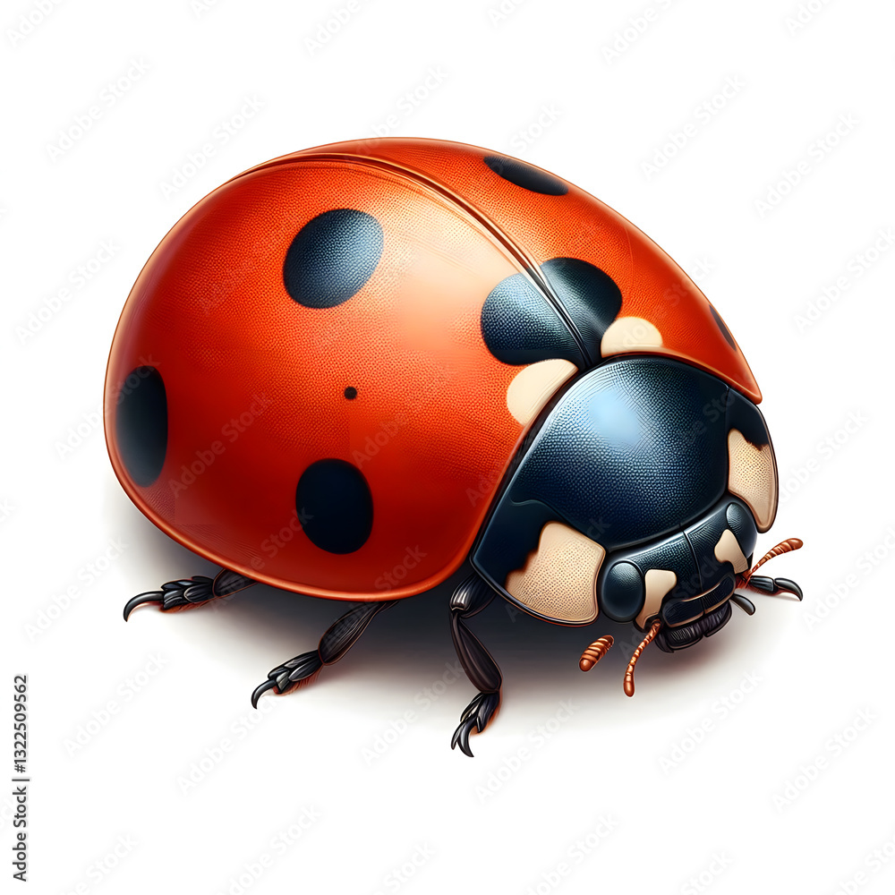 Fototapeta premium A classic ladybug with a bright red shell and black spots, positioned on a clean white background