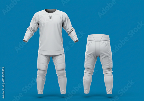 a man wearing hockey uniform mockup, including a jersey and pants, full and fill blank white colors, Highlight stitching details and fabric texture, isolated blue background.