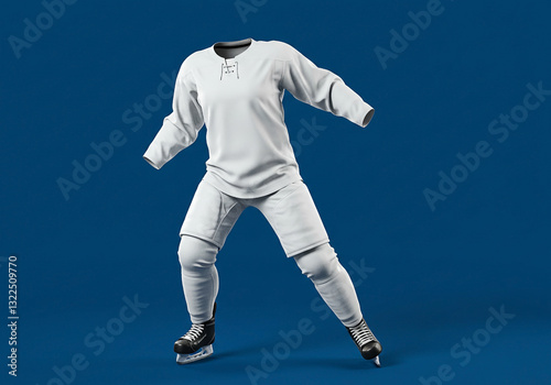 a woman wearing hockey uniform mockup, including a jersey and pants, full and fill blank white colors, Highlight stitching details and fabric texture, with gesture, isolated blue background.