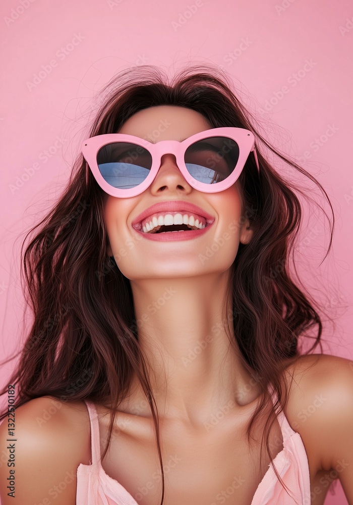 Happy woman wearing sunglasses against pink background Happy woman wearing sunglasses against pink background