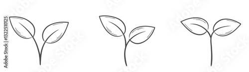 Sprouts with two leaves line illustrations. Spring, planting and nature design elements. Isolated vector images