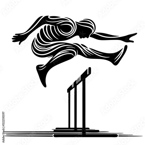 Hurdler in action, dynamic black and white illustration