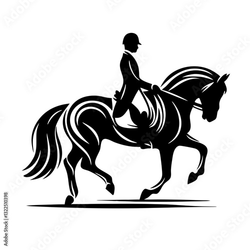 Horseback rider in dressage pose, black and white art