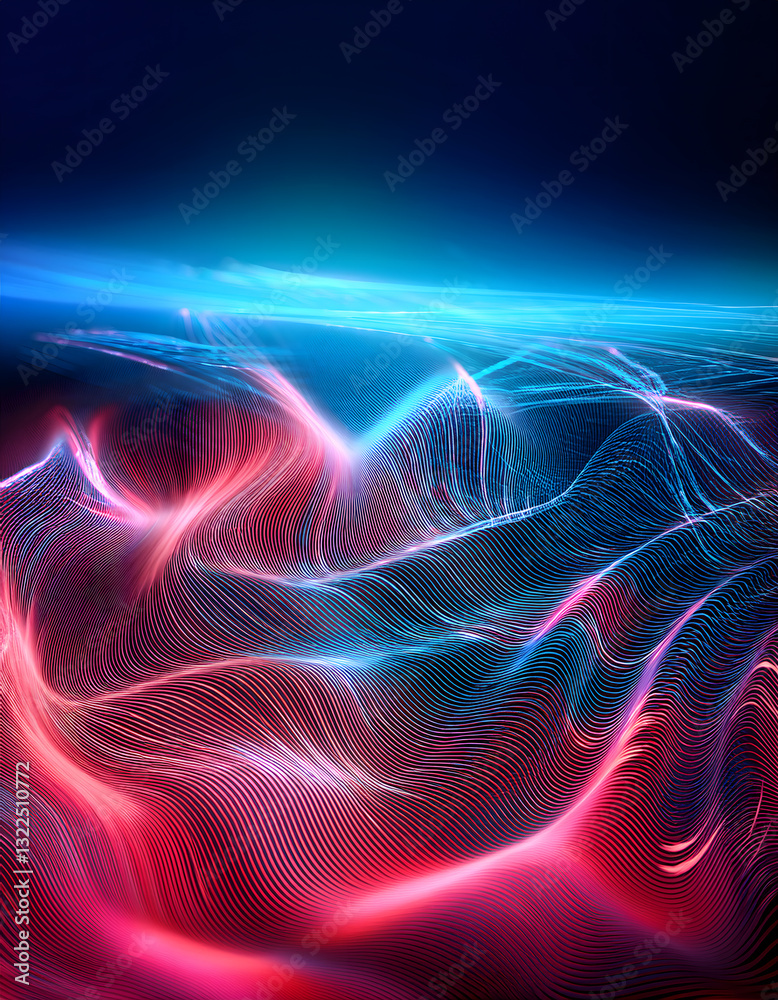 Fototapeta premium Abstract waves of red and blue light flow across a dark background, creating a dynamic visual