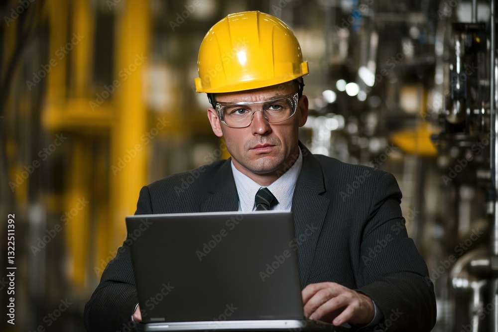 Serious businessman in hardhat using laptop in industrial plant. Serious businessman in hardhat using laptop in industrial plant.