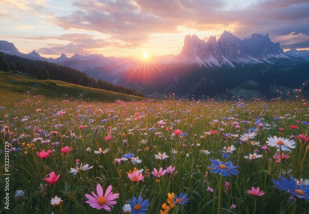 Fototapeta premium Colorful Wildflower Meadow Under a Beautiful Sunrise in the Dolomite Mountains with Dramatic Sky and Scenic Views