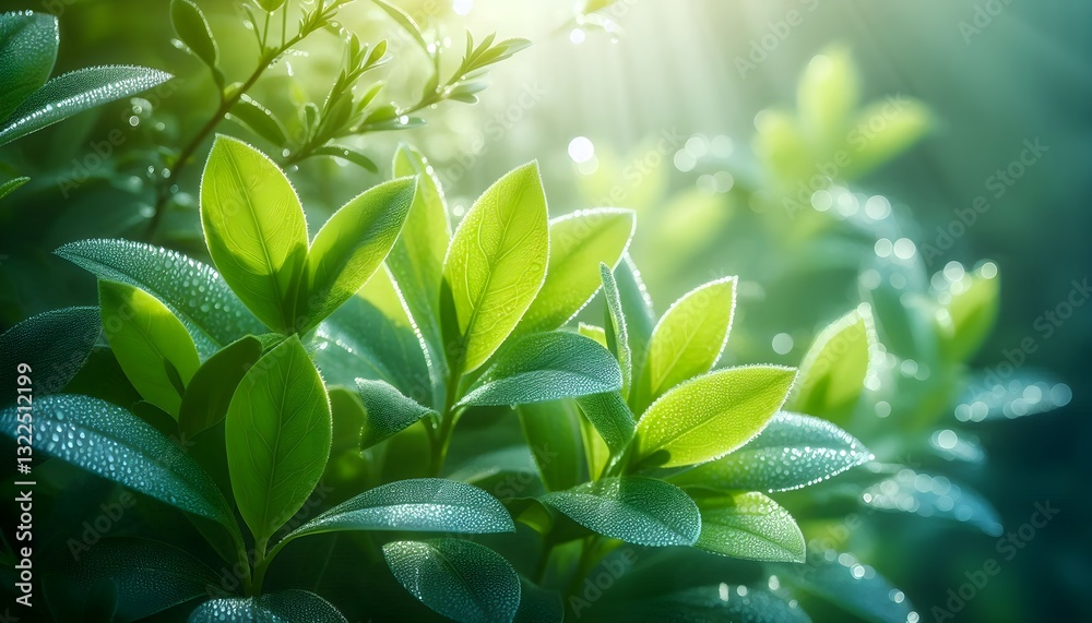 Obraz premium Fresh light green leaves with morning dew, soft natural sunlight, ultra-HD
