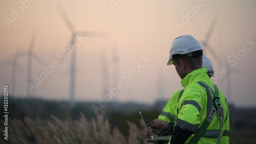 Engineers working on site in wind turbine farm, Wind turbines generate clean energy source, Eco technology for electric, industry environment