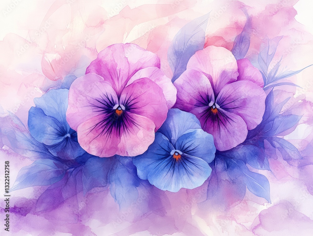 A captivating display of watercolor pansies features vibrant pink and blue blooms surrounded by delicate leaves, creating a joyful and artistic floral composition