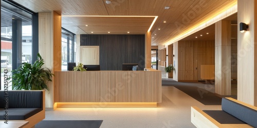 Modern office lobby showcasing wood paneling and natural lighting elegantly