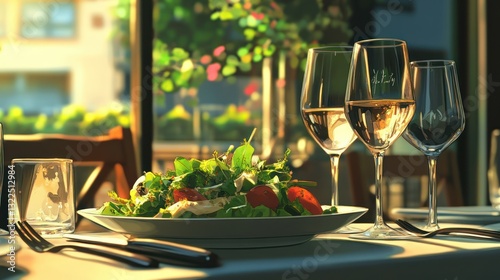 A beautifully set table with salad and wine glasses awaits