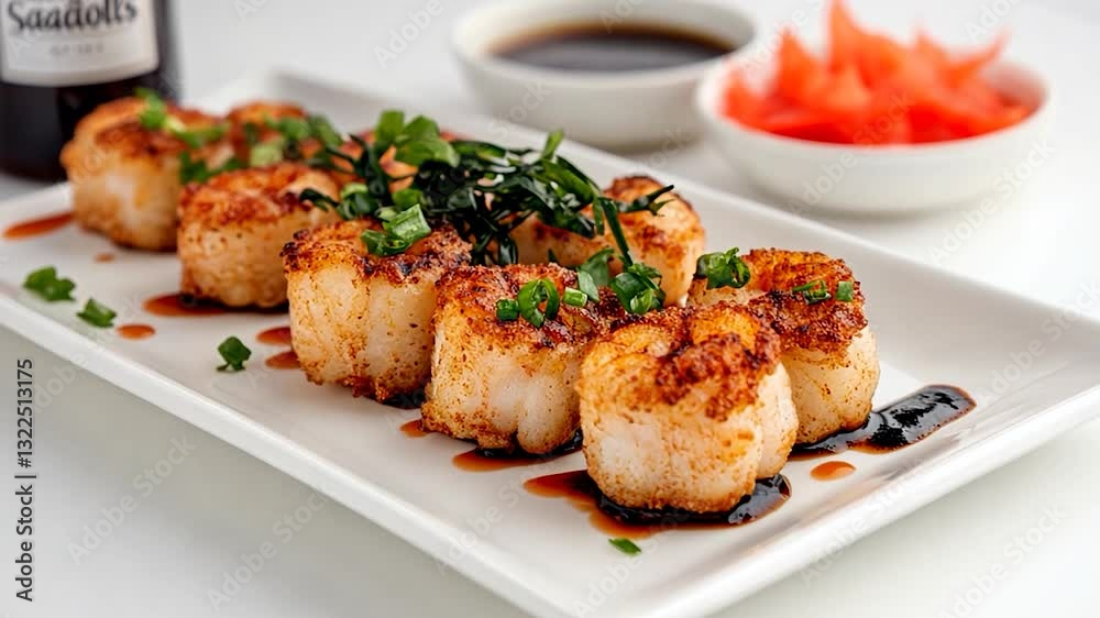Grilled scallops garnished with herbs on a white plate, accompanied by dipping sauces and vegetables Grilled scallops garnished with herbs on a white plate, accompanied by dipping sauces and vegetables