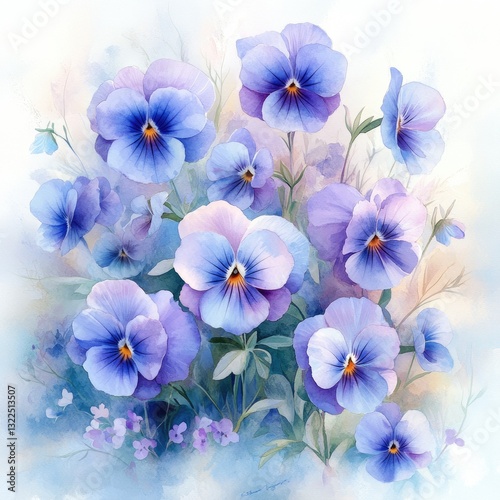 This artwork features a stunning collection of pansies painted in vibrant blues and purples, capturing the beauty of nature in a botanical style that invites admiration