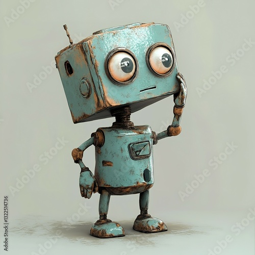 A rusty blue robot looks thoughtful with a raised hand