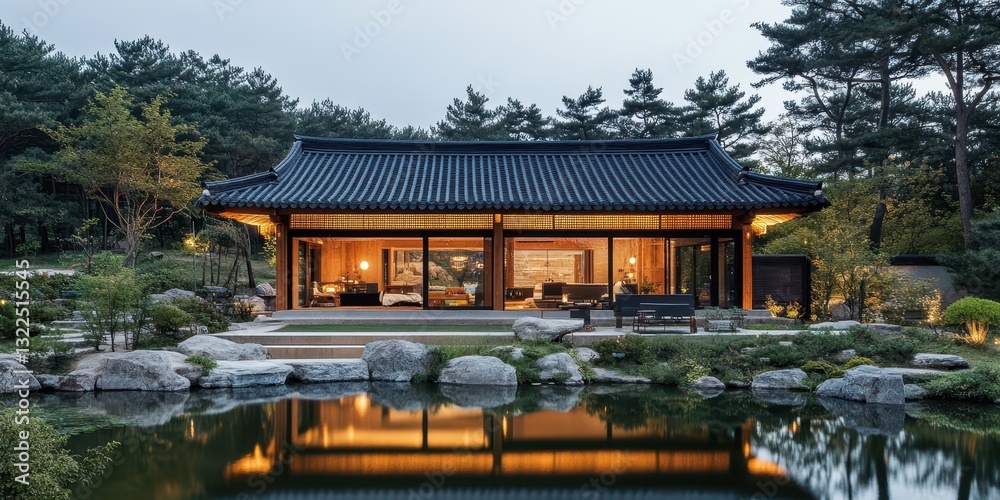 Fototapeta premium Traditional oriental house reflecting beautifully on the calm water surface at dusk