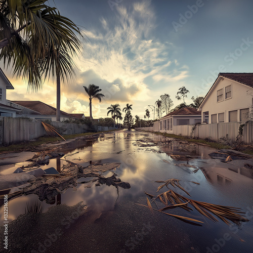Floodwaters inundate a residential street, palm trees stand silhouetted against the setting sun.