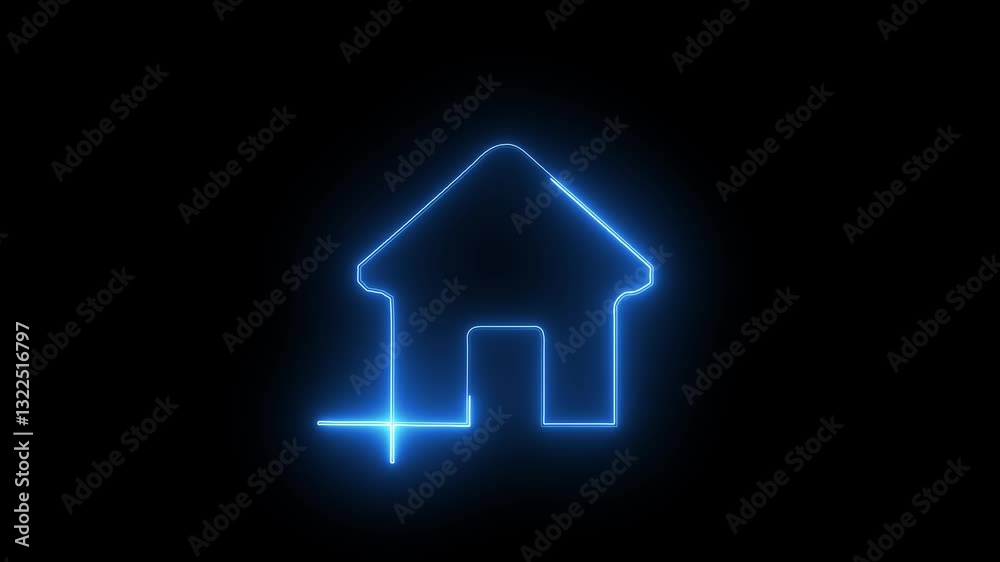 Neon home icon animation, shiny symbol. glowing House, home 
black background building animation.