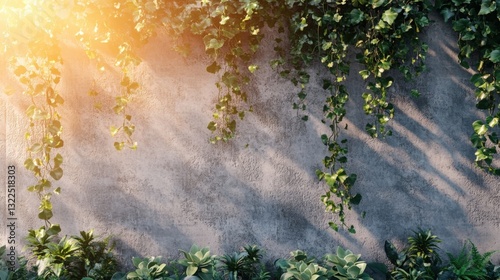 A wallmounted garden filled with succulents and trailing vines paints a charming picture against a modern stonetextured wall with rustling leaves casting intricate shadows as sunlight