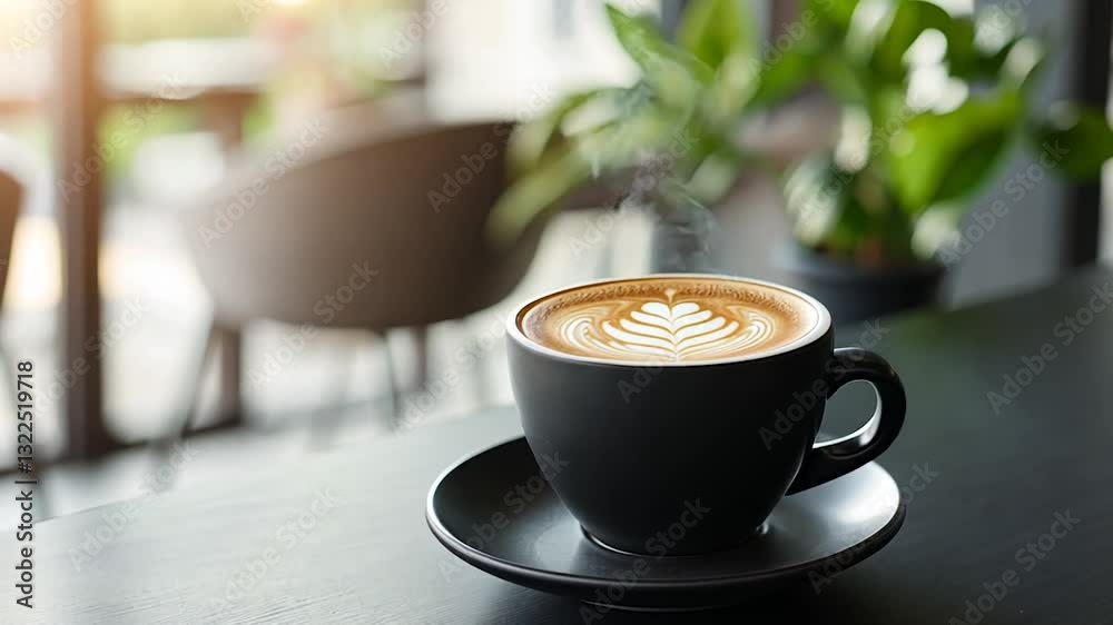 A beautifully crafted latte art in a black cup, placed on a table in a cozy caf? with greenery A beautifully crafted latte art in a black cup, placed on a table in a cozy caf? with greenery