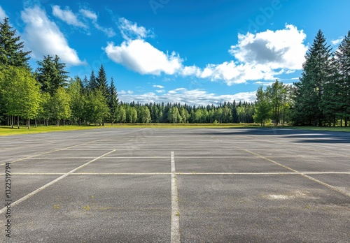 Wallpaper Mural Expansive Empty Parking Lot Surrounded by Lush Green Fields and Towering Evergreen Trees Under Bright Blue Sky with Fluffy White Clouds Torontodigital.ca