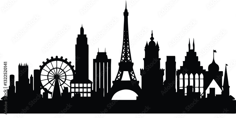 Fototapeta premium Panoramic View of Downtown Paris Skyline. Paris city black silhouette skyscrapers and buildings. Long cityscape