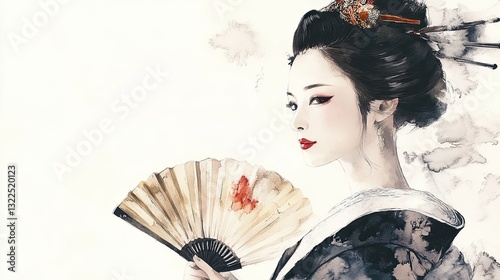 Sumi-e Painting of a Geisha Holding an Open Fan