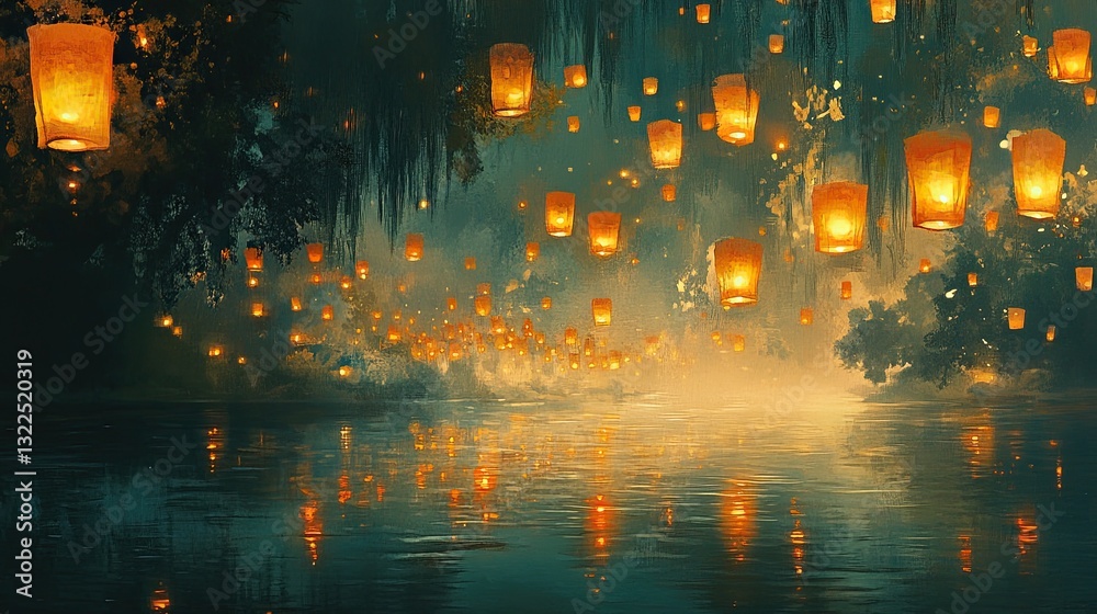 Naklejka premium Mystical Ink Painting of Floating Lanterns Illumina