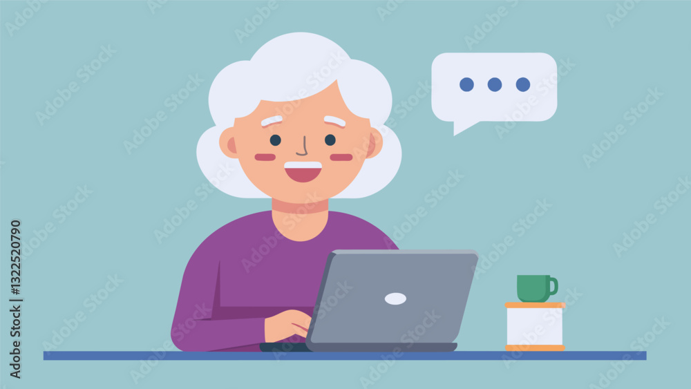 A retired woman smiling at her laptop screen as she comments on a post from her book clubs Facebook page.. Vector illustration A retired woman smiling at her laptop screen as she comments on a post from her book clubs Facebook page.. Vector illustration