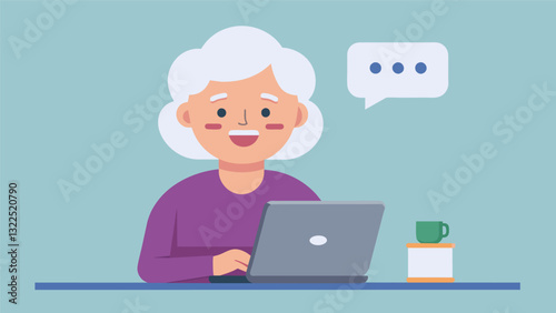 A retired woman smiling at her laptop screen as she comments on a post from her book clubs Facebook page.. Vector illustration
