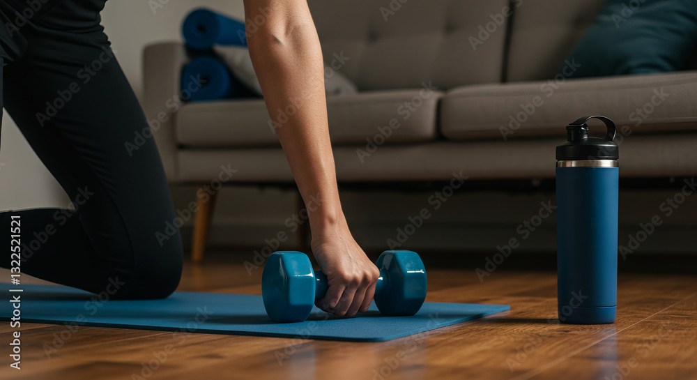 Naklejka premium Woman's hands holding dumbbells on an exercise mat at home. Fitness, workout concept perfect for health or lifestyle themes.