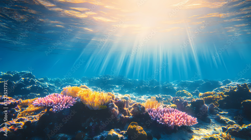 Naklejka premium Ocean acidification concept. vibrant coral reef under clear blue water with sunlight streaming through. Radiant Tides. Illustration