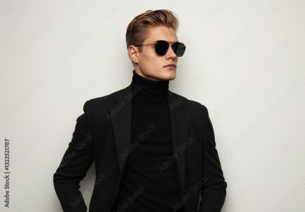 Serious body guard or secret agent wearing suit and sunglasses, isolated on grey background Serious body guard or secret agent wearing suit and sunglasses, isolated on grey background