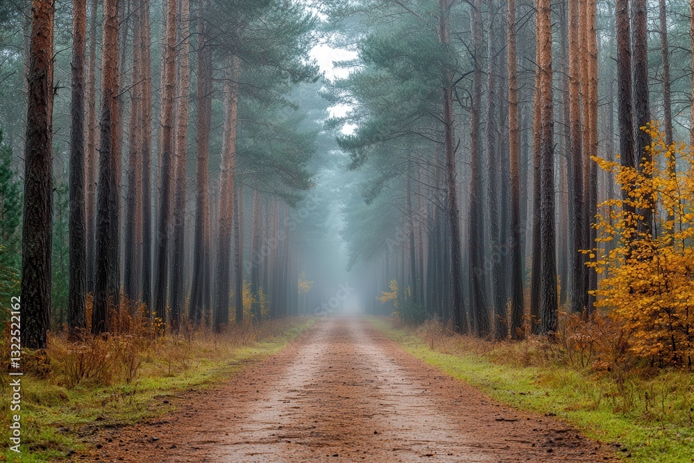 Fototapeta premium Tranquil Misty Path Through Lush Green Pine Forest Landscape