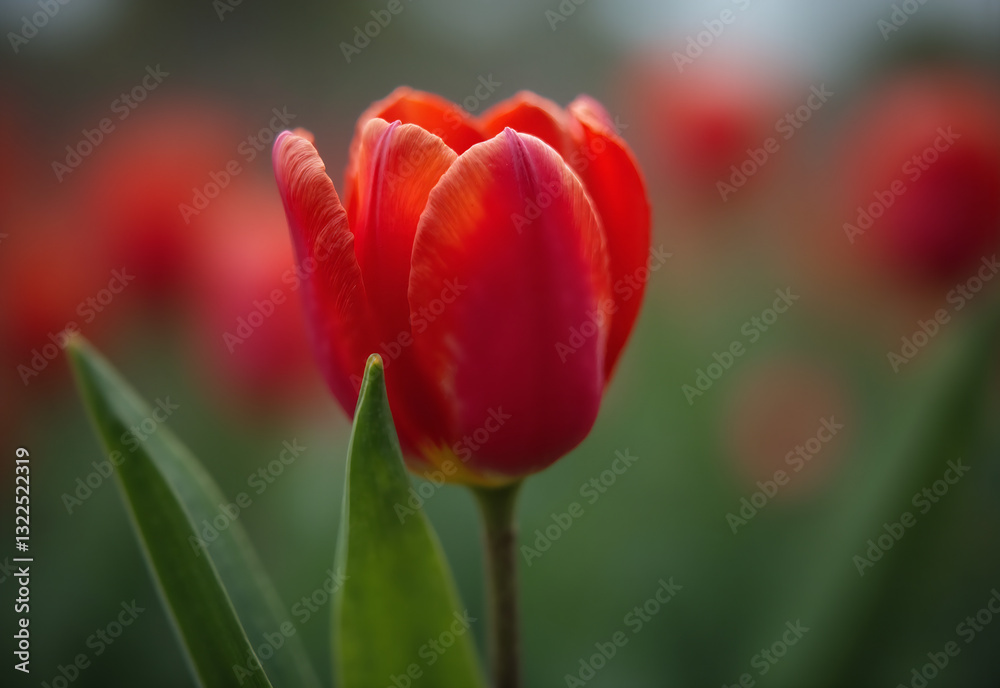 A stunning close-up of a single red tulip in full bloom A stunning close-up of a single red tulip in full bloom