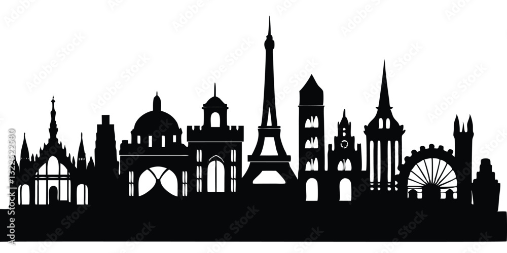 Obraz premium Paris skyline background. Paris famous landmark icon set. France, Paris travel black cityscape